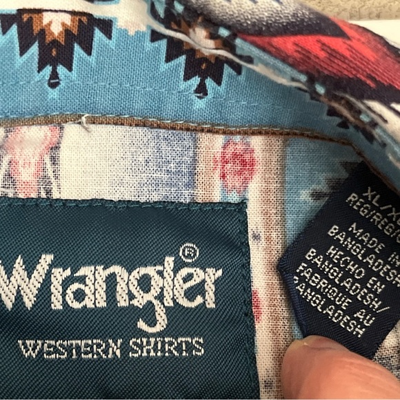 Vintage Wrangler Western Shirt Mens XL Aztec Southwest Pearl Snap Turquoise - Picture 9 of 12